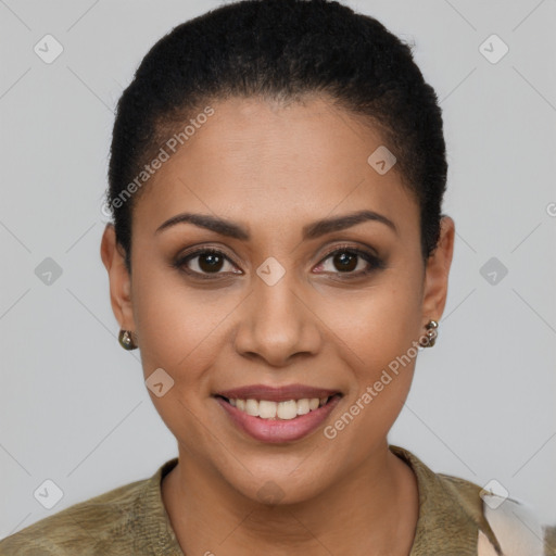 Joyful latino young-adult female with short  brown hair and brown eyes