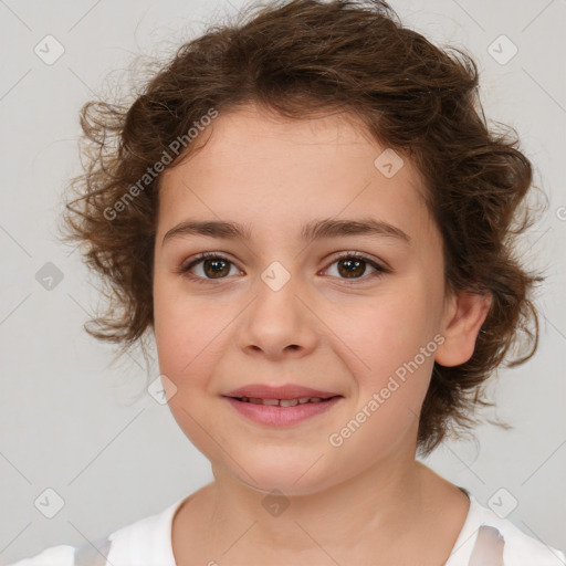 Joyful white child female with medium  brown hair and brown eyes