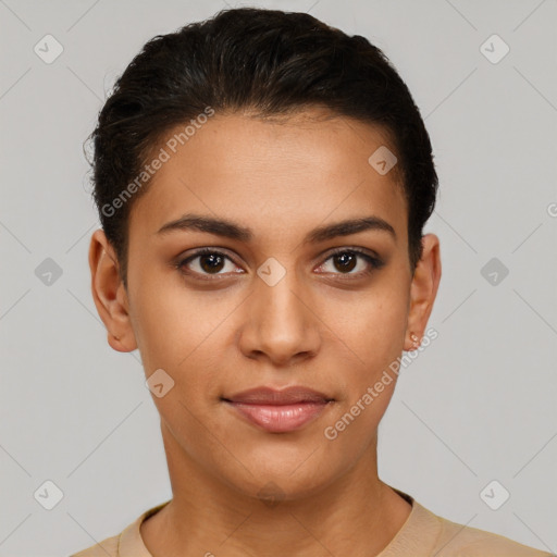 Joyful latino young-adult female with short  brown hair and brown eyes