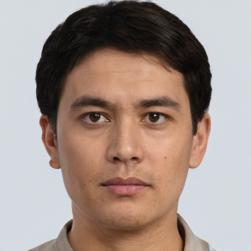 Neutral asian young-adult male with short  brown hair and brown eyes