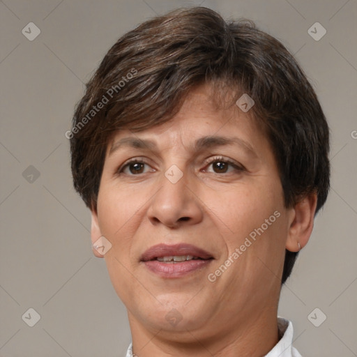 Joyful white adult female with short  brown hair and brown eyes