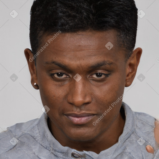 Neutral black young-adult male with short  brown hair and brown eyes