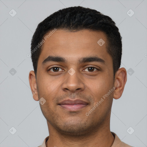 Neutral latino young-adult male with short  black hair and brown eyes
