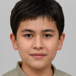 Joyful asian child male with short  brown hair and brown eyes