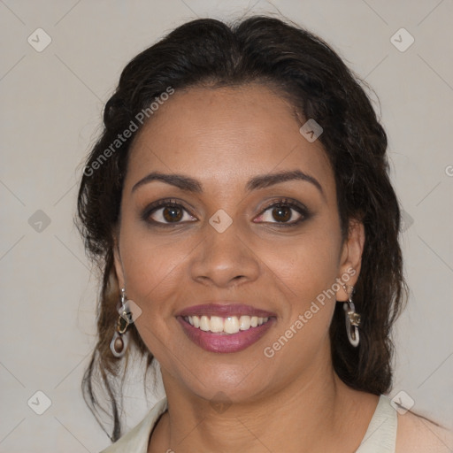 Joyful latino young-adult female with medium  brown hair and brown eyes