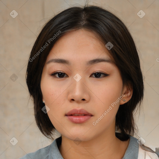 Neutral asian young-adult female with medium  black hair and brown eyes