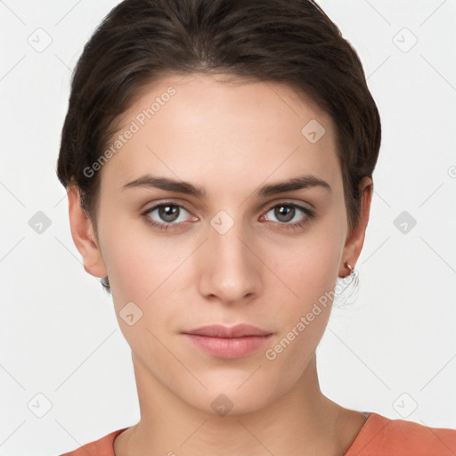 Neutral white young-adult female with short  brown hair and brown eyes