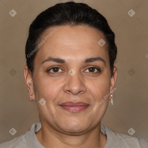 Joyful white adult female with short  brown hair and brown eyes