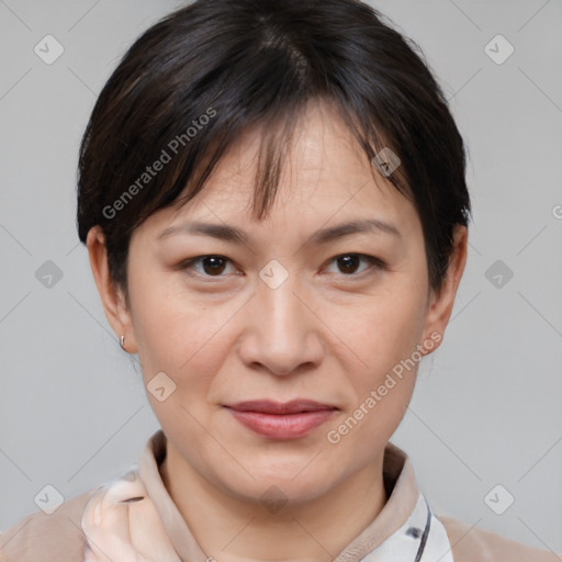 Joyful white adult female with medium  brown hair and brown eyes