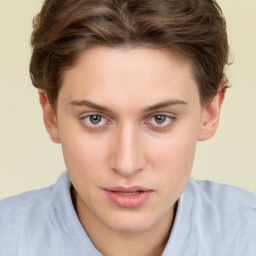 Neutral white young-adult female with short  brown hair and brown eyes