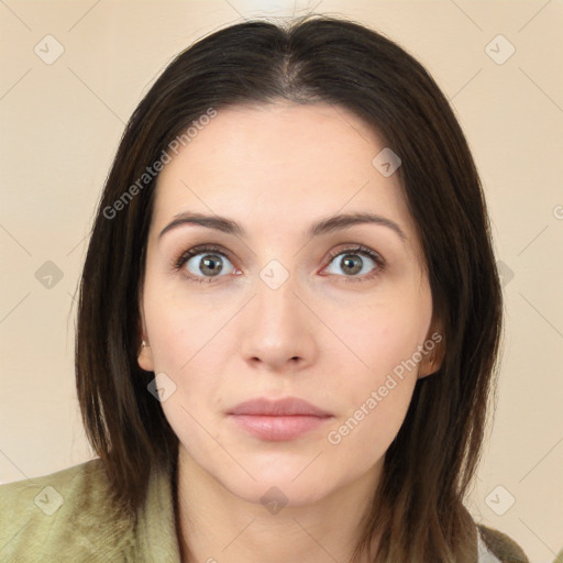 Neutral white young-adult female with medium  brown hair and brown eyes