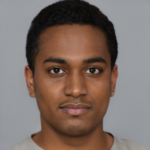Neutral black young-adult male with short  black hair and brown eyes
