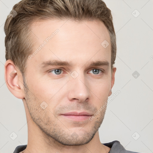 Neutral white young-adult male with short  brown hair and grey eyes