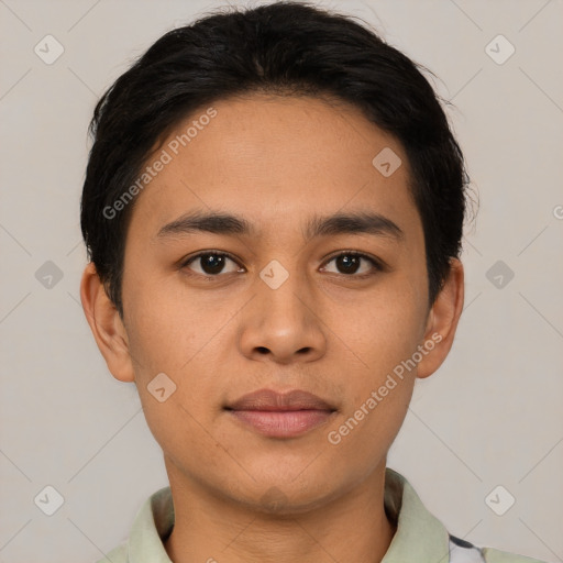 Neutral asian young-adult male with short  brown hair and brown eyes