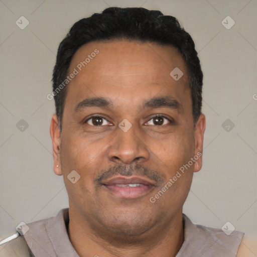 Neutral latino adult male with short  black hair and brown eyes