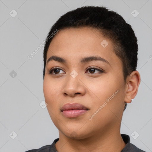 Neutral latino young-adult female with short  black hair and brown eyes