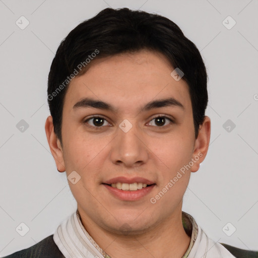 Joyful white young-adult male with short  black hair and brown eyes