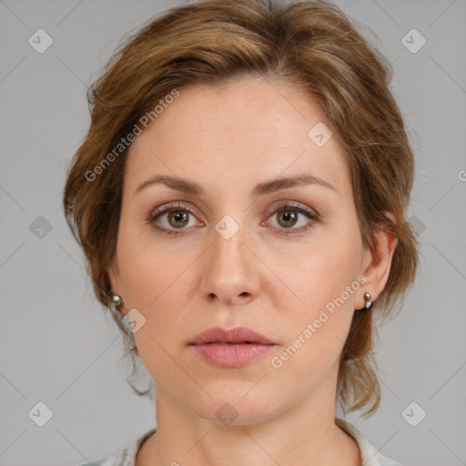 Neutral white young-adult female with medium  brown hair and brown eyes