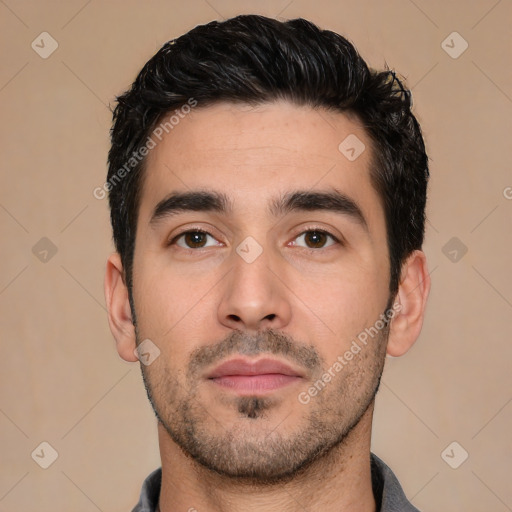 Neutral white young-adult male with short  black hair and brown eyes