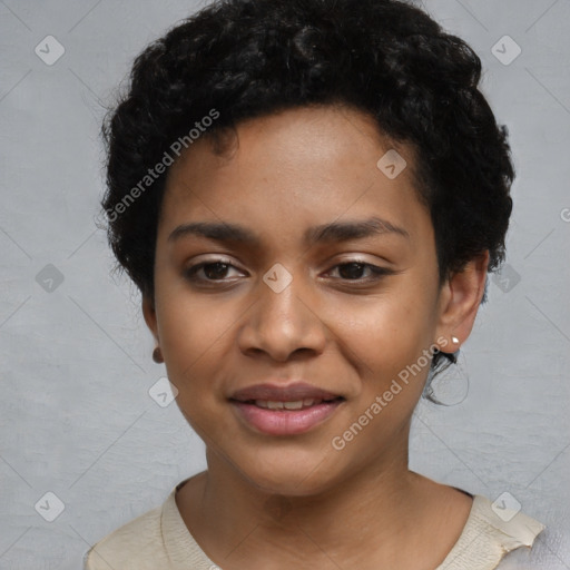 Joyful latino young-adult female with short  black hair and brown eyes