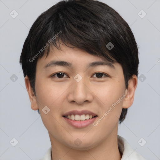 Joyful asian young-adult female with short  brown hair and brown eyes