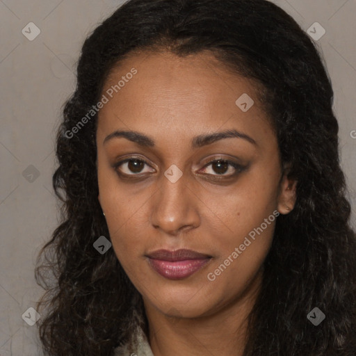 Neutral black young-adult female with long  brown hair and brown eyes