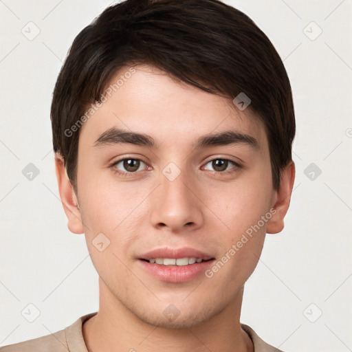 Joyful white young-adult male with short  brown hair and brown eyes