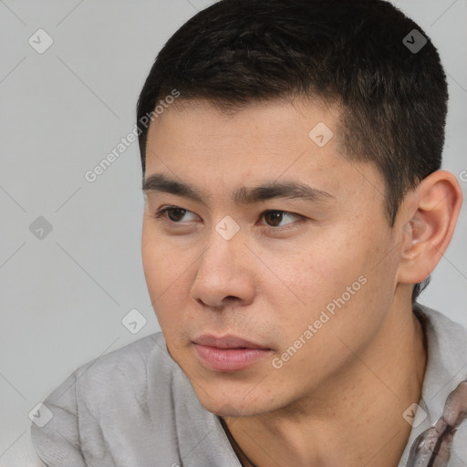 Neutral white young-adult male with short  black hair and brown eyes