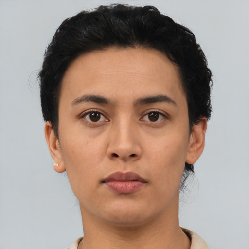 Neutral asian young-adult female with short  black hair and brown eyes