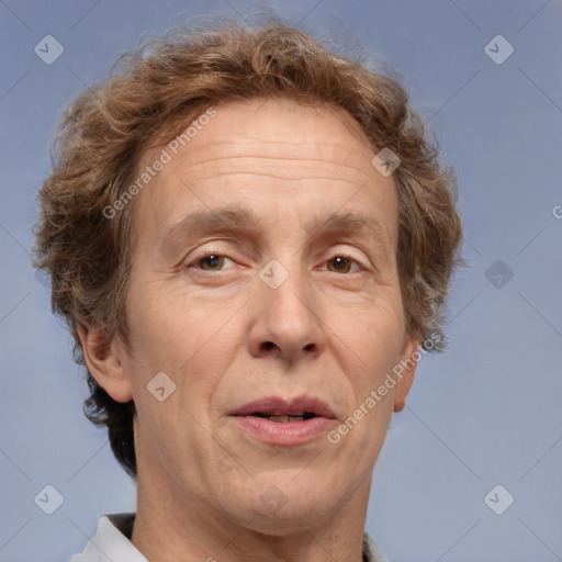 Joyful white middle-aged male with short  brown hair and brown eyes