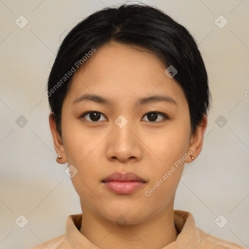 Neutral asian young-adult female with short  black hair and brown eyes