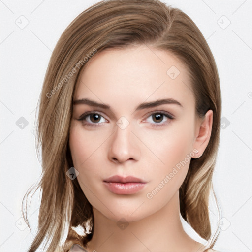 Neutral white young-adult female with medium  brown hair and brown eyes