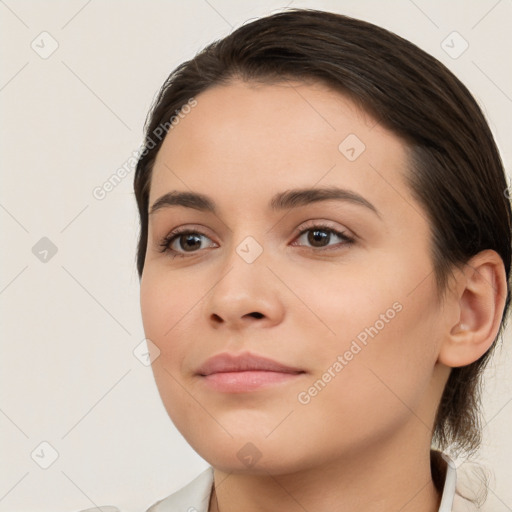 Neutral white young-adult female with medium  brown hair and brown eyes