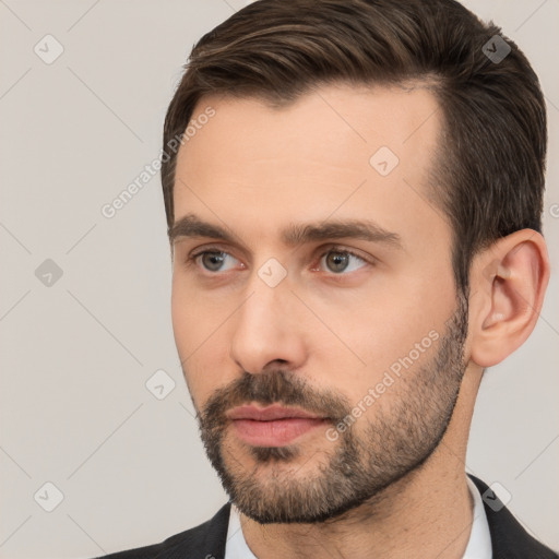 Neutral white young-adult male with short  brown hair and brown eyes