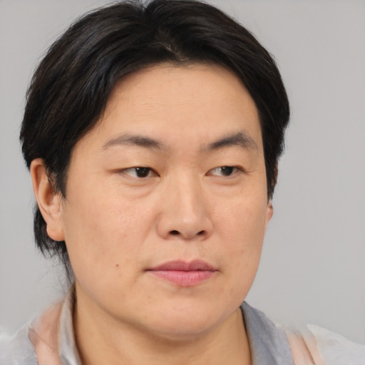 Joyful asian adult male with short  brown hair and brown eyes