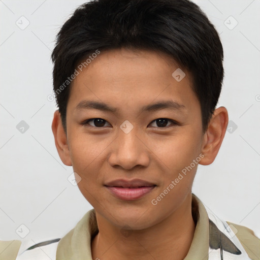 Joyful asian young-adult female with short  brown hair and brown eyes