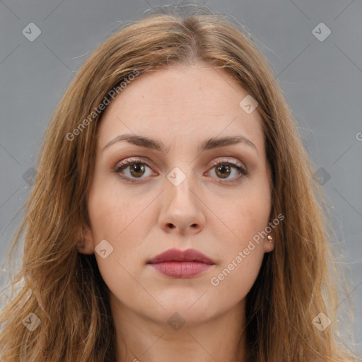 Neutral white young-adult female with long  brown hair and brown eyes