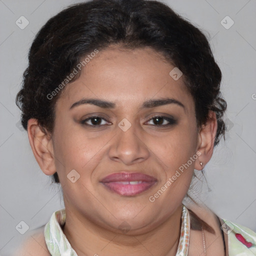 Joyful latino young-adult female with short  brown hair and brown eyes