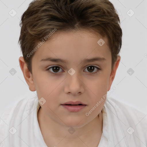 Joyful white child female with short  brown hair and brown eyes