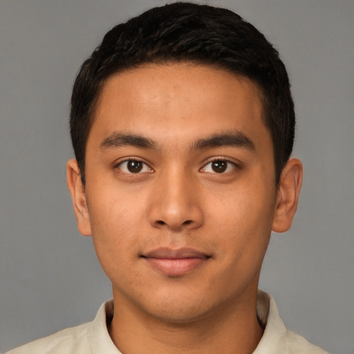 Neutral latino young-adult male with short  brown hair and brown eyes