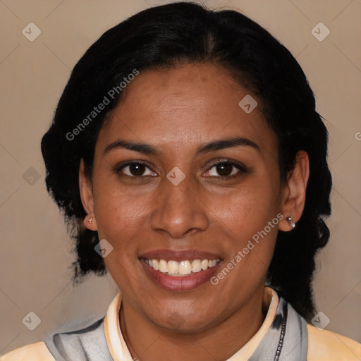 Joyful latino young-adult female with medium  black hair and brown eyes