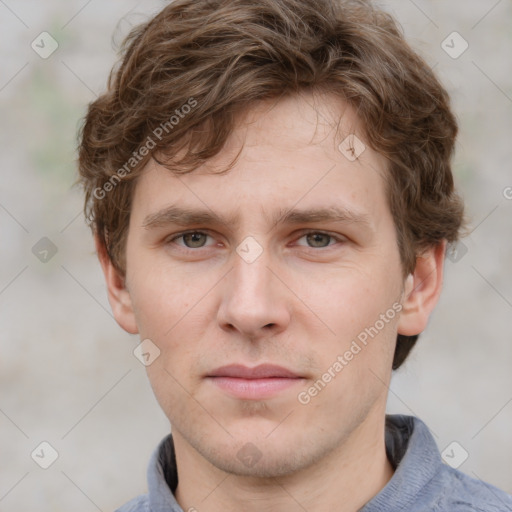 Neutral white young-adult male with short  brown hair and grey eyes