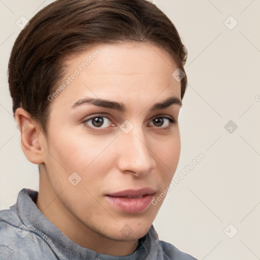 Neutral white young-adult female with short  brown hair and brown eyes