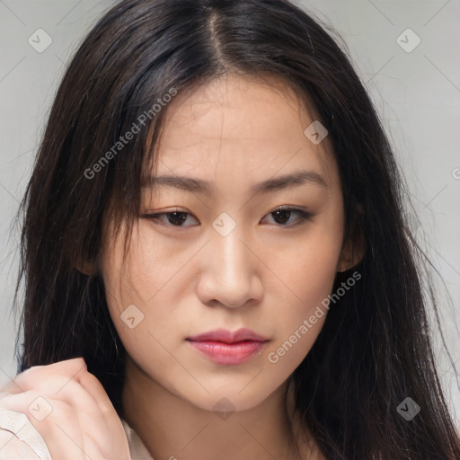 Neutral asian young-adult female with medium  brown hair and brown eyes