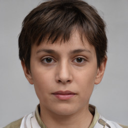 Neutral white young-adult female with short  brown hair and brown eyes