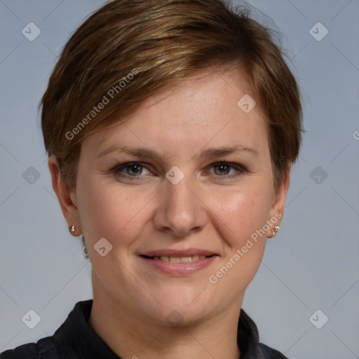 Joyful white young-adult female with short  brown hair and grey eyes