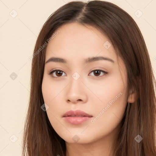 Neutral white young-adult female with long  brown hair and brown eyes