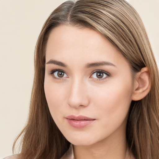 Neutral white young-adult female with long  brown hair and brown eyes