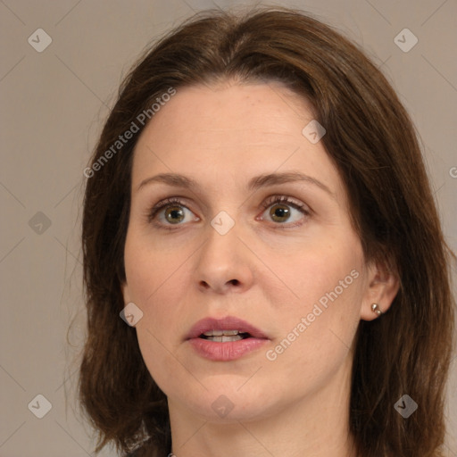 Neutral white adult female with medium  brown hair and brown eyes