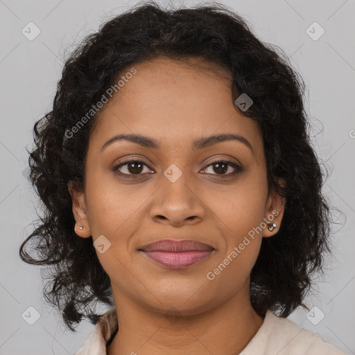 Joyful black young-adult female with long  brown hair and brown eyes